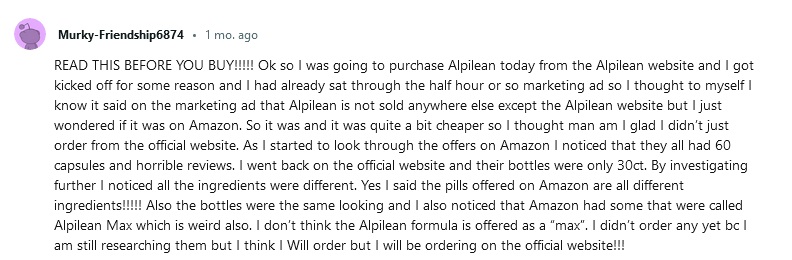 alpilean customer reviews reddit